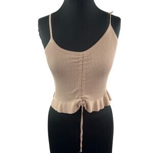 Thinkable Beige Cropped Cami Top Knit Tie Front Ribbed Strap Ruffle Hem XS?